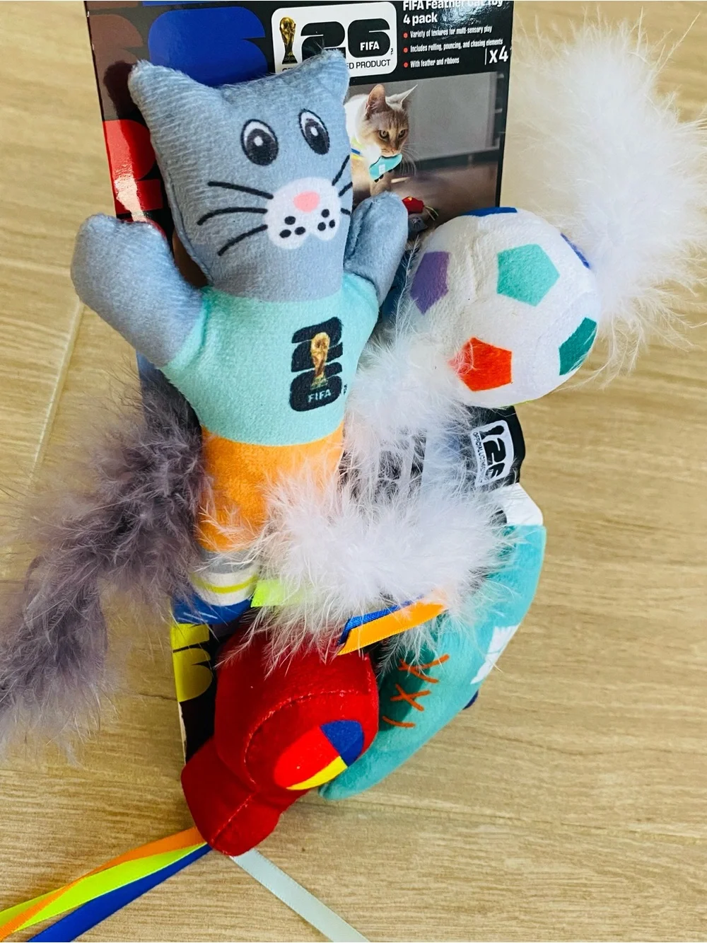 FIFA World Cup 26 Official Feather Cat Toy 4 Pack Set Plush Souvenir Ball NWT⁠